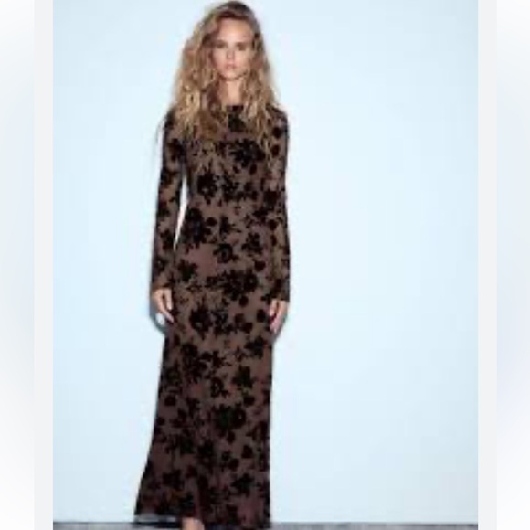 Zara Dresses & Skirts - Zara Brown Dress with Black Floral Print - Long Sleeve